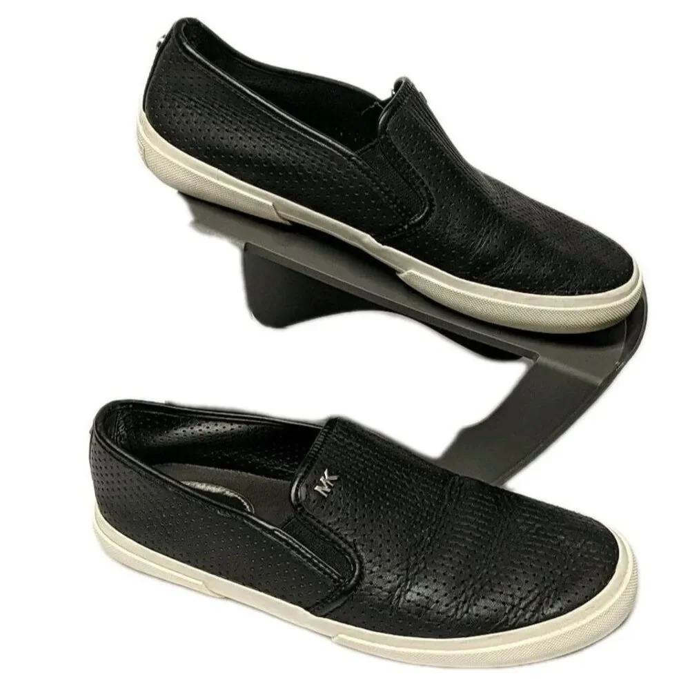 Michael Kors Women Leather Slip-On Shoes 8 Boerum Double Gore Lasered Black